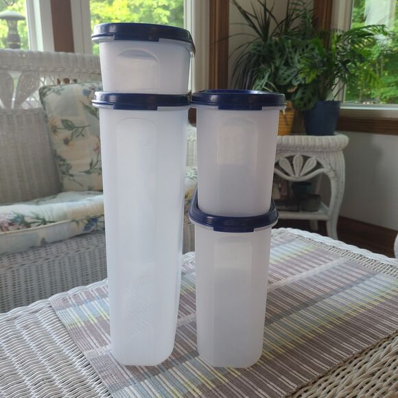 Vintage Tupperware Modular Mates Super Oval Pantry Set Four Piece Set Blue Lids - Picture 3 of 8
